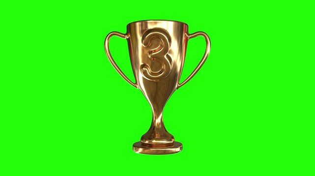 3D bronze trophy cup with number three displayed on green screen background. Ideal for sports rankings, competition results, award ceremonies, game achievements, winner announcements, and creative mot