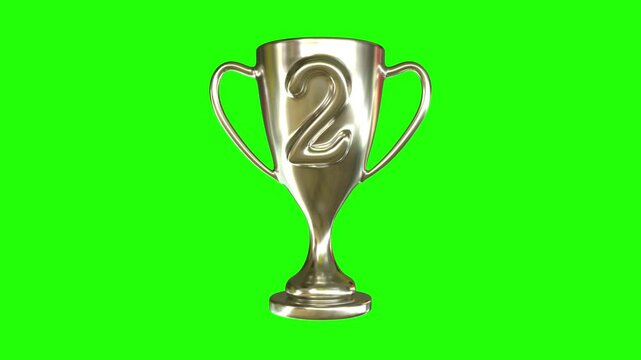 3D silver trophy cup with number two displayed on green screen background. Perfect for sports competition videos, award ceremonies, ranking graphics, winner announcements, game interfaces, and achieve