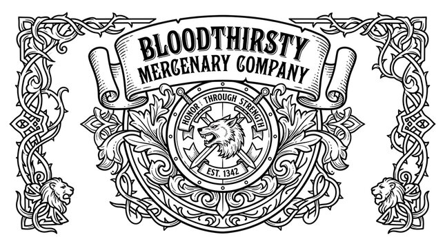 Vintage Medieval Heraldic Crest with Wolf Head and Crossed Swords for Mercenary Company Illustration
