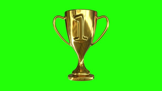 3D gold trophy cup with number one displayed on green screen background. Perfect for champion announcements, sports competition videos, award ceremonies, victory celebrations, ranking graphics, and ac