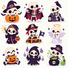 Fototapeta premium Skeleton Cute Halloween Sticker Set for Product Mockup and Print