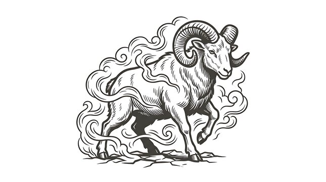 Mystical Aries zodiac ram engraving illustration with decorative swirling clouds on white background