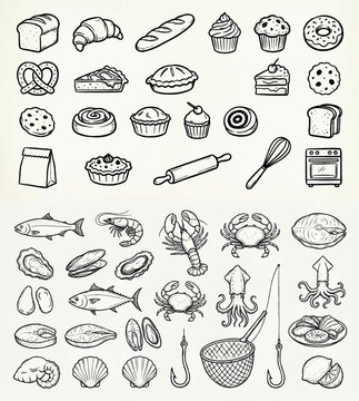 Bakery and seafood illustrations, bread, cakes, fish, shellfish, lobster.