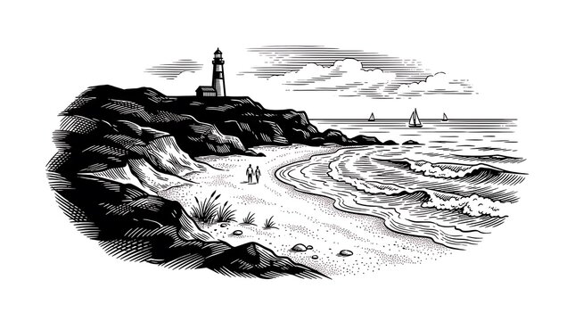 Vintage Woodcut Engraving of a Scenic Lighthouse on a Cliff Overlooking a Sandy Beach and Ocean Waves