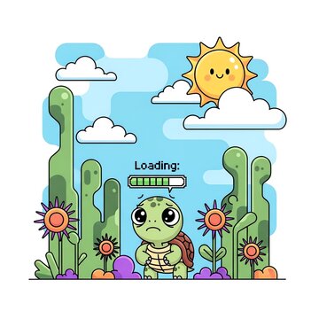 Sad Turtle Loading Bar in Desert Landscape.