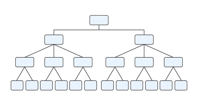 Blank organizational chart hierarchy diagram structure template with connected boxes for business data