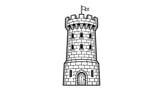 Hand Drawn Medieval Stone Castle Tower with Flag and Windows Engraving Style Isolated on White