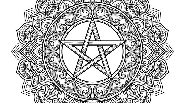 Intricate 5 Pointed Pentagram Mandala Design for Mystical Witchcraft and Pagan Art Coloring Page