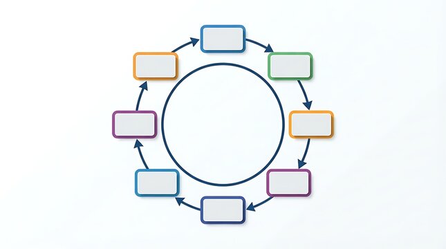 Colorful circular diagram template with eight interconnected steps, arrows, and central space for text in a continuous loop design