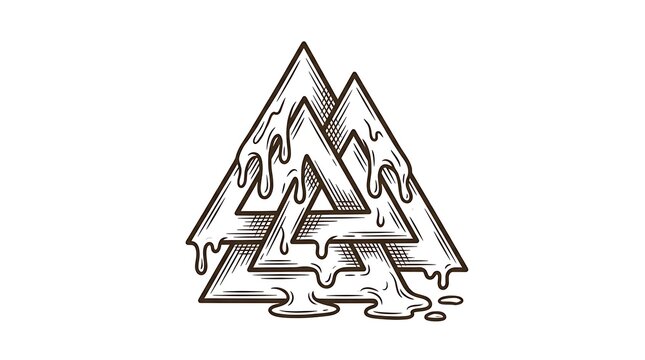Vintage Hand Drawn Melting Valknut Symbol with Three Interlocking Triangles Norse Viking Illustration