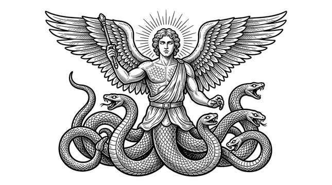Vintage Woodcut Illustration of a Winged Mythological Deity with Multiple Serpent Tails and Halo