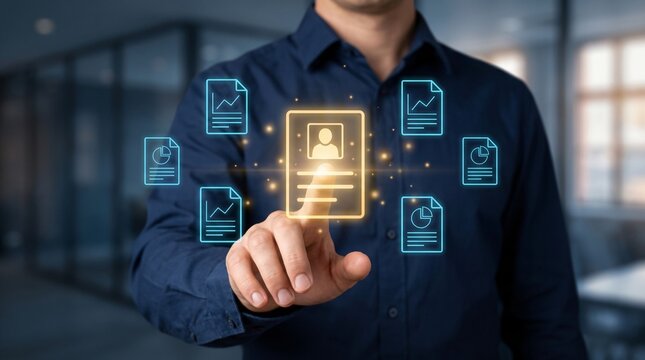 Professional hand pointing at glowing virtual resume icon surrounded by digital document analytics for smart recruitment process modern technology talent screening and career data management system