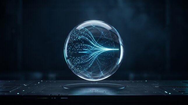 Transparent glass sphere with glowing blue particle funnel inside on pedestal representing data compression and artificial intelligence focus