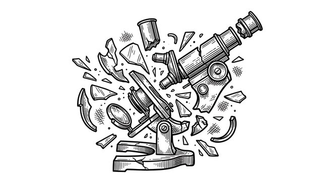 Broken and Exploding Vintage Microscope Illustration in Hand Drawn Engraving Style Isolated on White