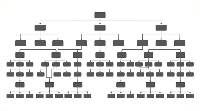 Complex organizational chart or decision tree diagram with multiple branching levels and interconnected nodes