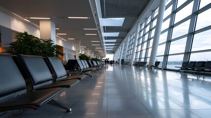 Fototapeta premium Spacious modern airport terminal with rows of black seating large and polished floor reflecting ambient light