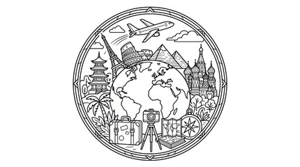 Obraz premium World travel line art illustration with globe and famous monuments