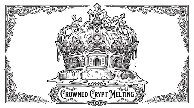 Vintage engraving of a melting royal crown with gothic crypt architecture and ornate floral border