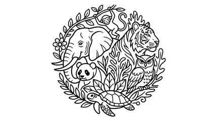 Fototapeta premium Wild animals circular line art illustration