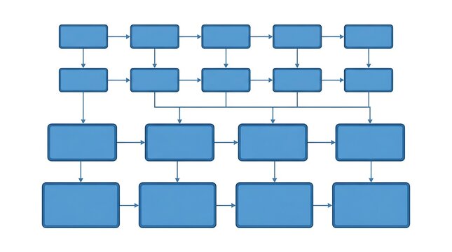 Blue flowchart diagram with interconnected boxes and arrows representing a complex business process or data structure