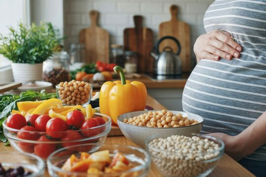Pregnant woman preparing healthy food with fresh vegetables and legumes in the kitchen