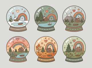 Obraz premium Collection of cute snow globes with winter and spring landscapes rainbows and cabins vector graphic vector illustration design asset concept
