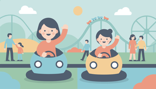 Two happy children waving hands while riding colorful bumper cars in amusement park with roller coaster on background.