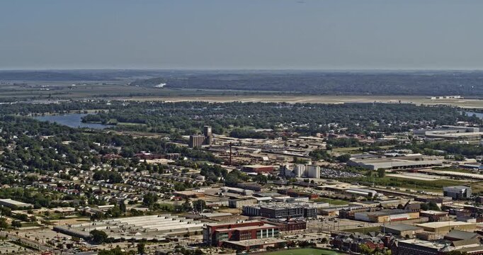 Omaha Nebraska Aerial v16 panning shot looking at airport in distance, tilting down at high rise building in central city - Shot with Inspire 2, X7 camera - August 2020