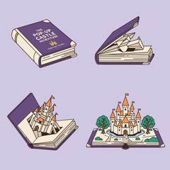 Obraz premium Pop up story book opening sequence set with miniature paper castle and fairy tale adventure illustration