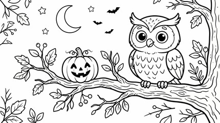 Fototapeta premium Cute Owl on Tree Branch with Halloween Pumpkin Coloring Page