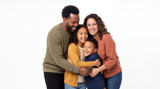 Happy family embracing with copy space for greeting card design