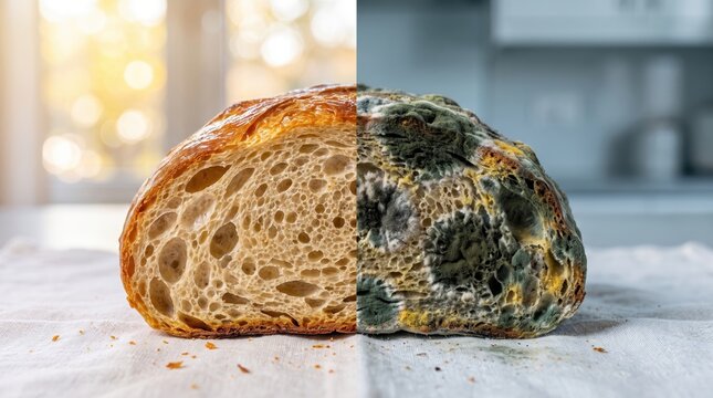 Split view visual comparison between a fresh crisp sourdough bread loaf and a moldy spoiled bread covered in green fungus.