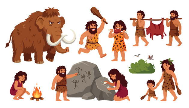 Prehistoric stone age caveman character vector set featuring primitive tribe family hunting woolly mammoth making fire and cave art