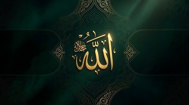 Golden Islamic Calligraphy of Allah on Dark Green Background.