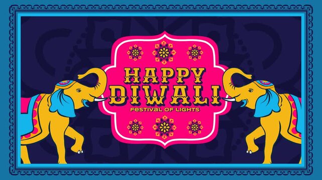 4K looping animation of Happy Diwali. Two ornate elephants flank a central pink message, surrounded by traditional mandala patterns on a deep blue background with a decorative frame.