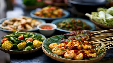 Fototapeta premium A vibrant spread of grilled skewers and colorful vegetable dishes served on banana leaves and woven baskets