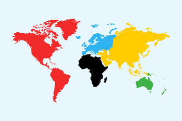 World map with colorful continents on a light blue background. Global geography, international connection, countries, continents, travel, and worldwide concepts © Wiwi