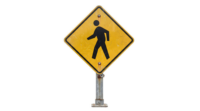 Yellow pedestrian crossing road sign isolated on transparent background