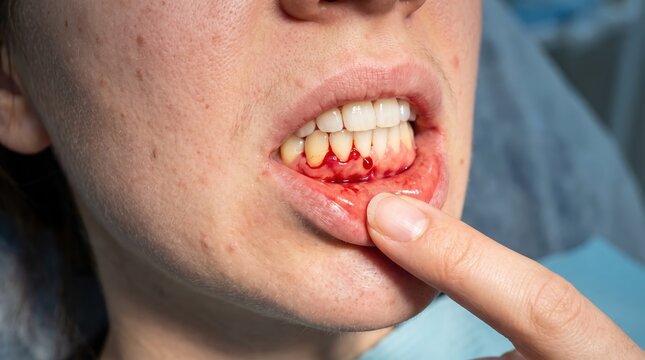 Macro view of bleeding gums caused by periodontitis inflammation and poor oral hygiene care.