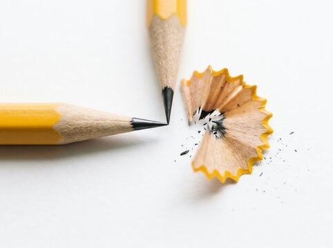 Close-up Of Two Sharpened Pencils and Shavings On White Surface