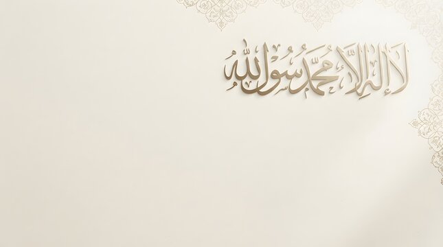 Islamic Calligraphy La Ilaha Illallah Muhammadur Rasulullah on Minimalist Beige Background.