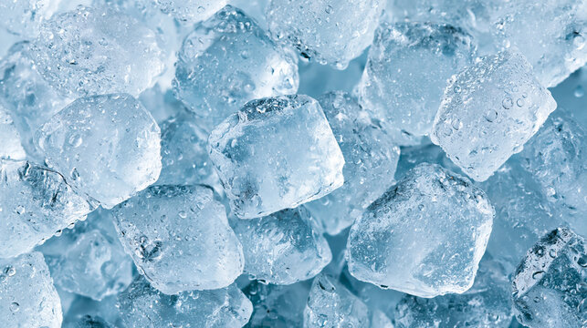 Close-up image of translucent ice cubes with water droplets, highlighting their cool, refreshing texture and crystalline structure.