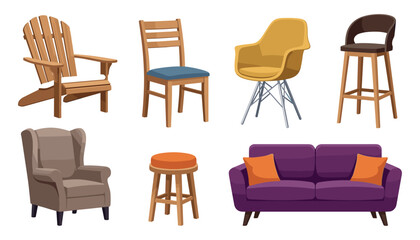 Obraz premium Modern home furniture vector set featuring stylish sofa armchair barstool office and wooden patio chairs interior design illustrations