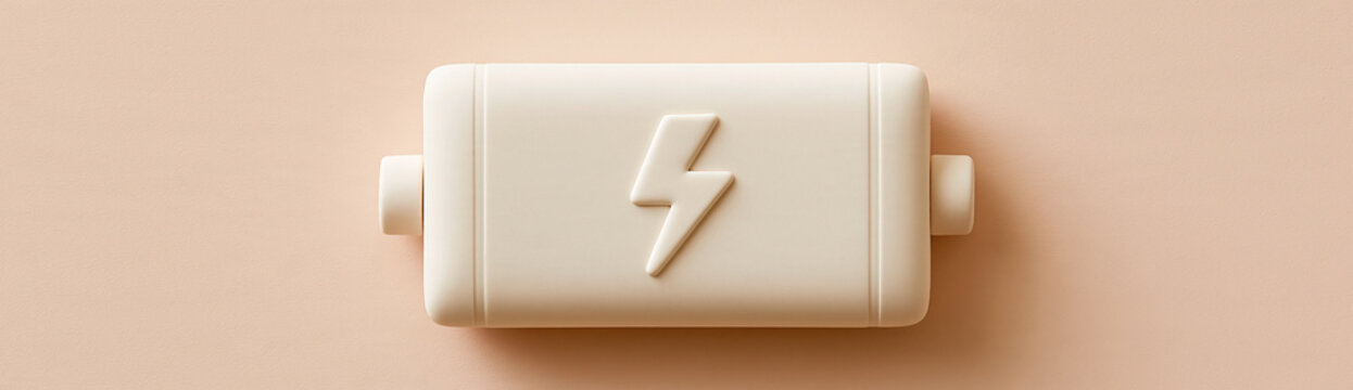 A beige 3D-rendered battery icon with a lightning bolt symbol on a matching beige background.