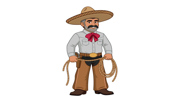 Mexican charro cowboy cartoon character wearing traditional sombrero and holding lasso rope isolated on white background stock vector