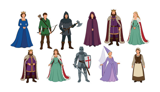 PrintMedieval vector character set featuring flat isolated fairytale kingdom royalty figures like king queen knight executioner archer and peasant