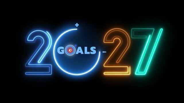 Glowing neon 2026 to 2027 numbers with central target dartboard and goals text on dark background. Annual corporate strategic objective transition, business roadmap planning, and success concept.