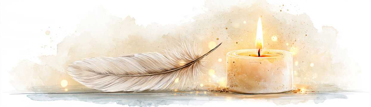 A soft, artistic watercolor illustration featuring a delicate feather lying next to a softly glowing lit candle.