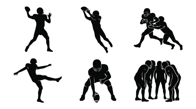 Male American Football Players Action Poses Vector Silhouette Set
