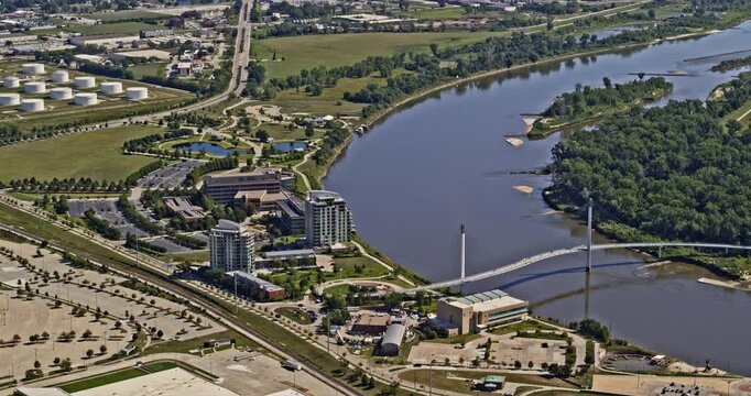 Omaha Nebraska Aerial v20 upward along the river capturing the landscape of lake and airport in distance during the day - Shot with Inspire 2, X7 camera - August 2020
